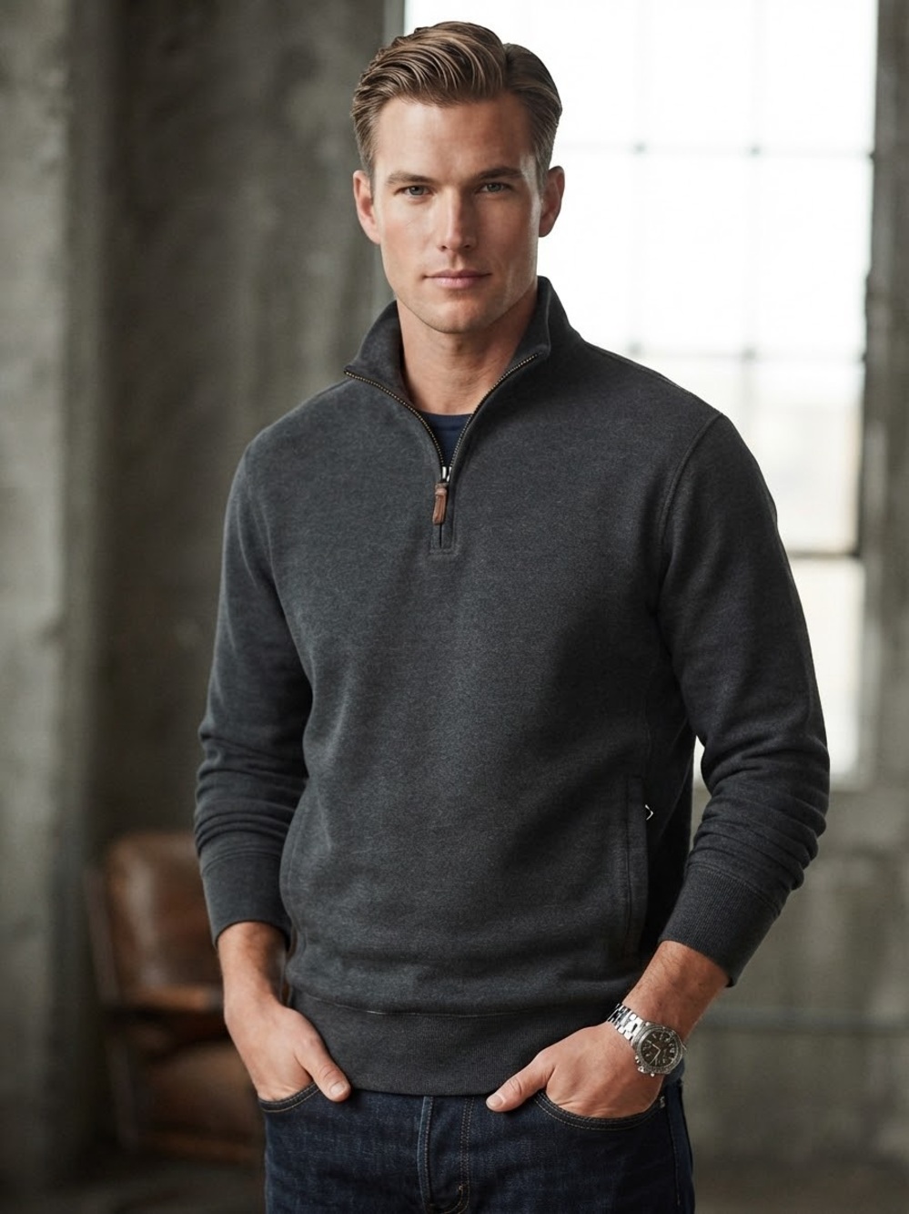 Ralph Lauren Men's Dark Charcoal 1/4 Zip Mock Collar Knit